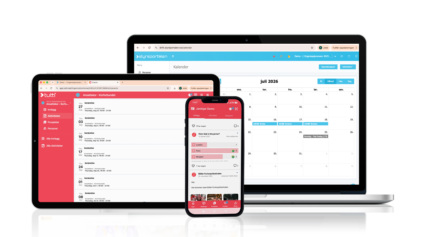 Nettbrett og mobiltelefon som viser forsiden av medlemssystemet Tutti